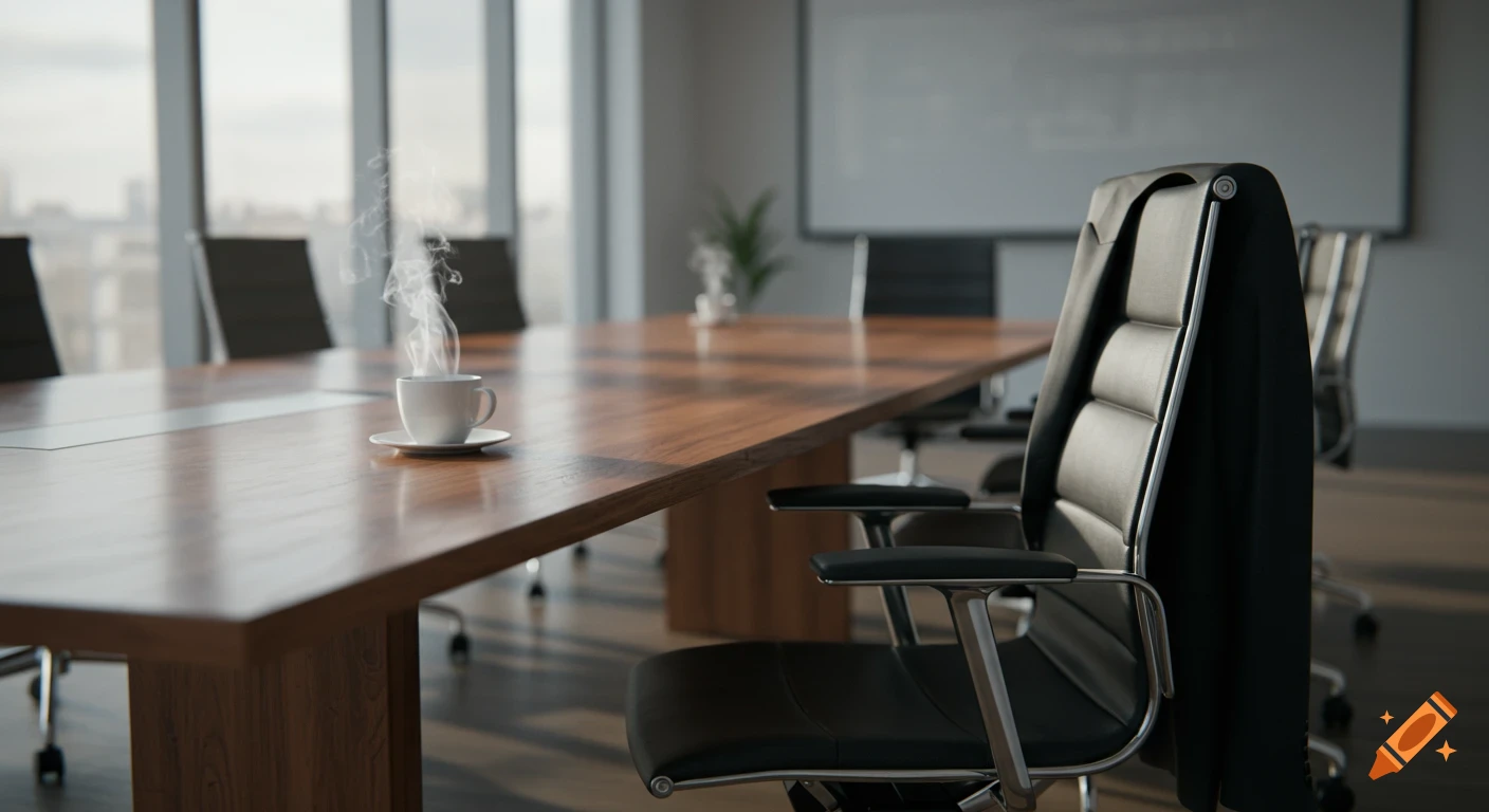 Hyper-realistic photograph of a steaming coffee cup and suit jacket on a wooden conference table in a modern office.