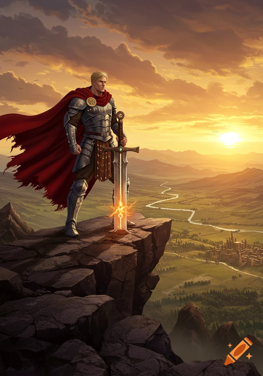 A majestic knight in armor with a red cape stands on a cliff, holding a glowing sword, overlooking a fantasy valley and distant castle at sunset.