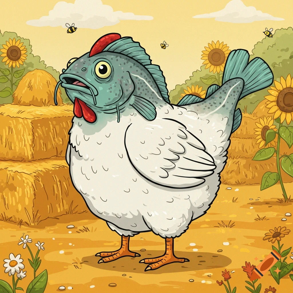 Cartoon illustration of a chicken with a fish head standing in a sunny field with sunflowers and hay bales.