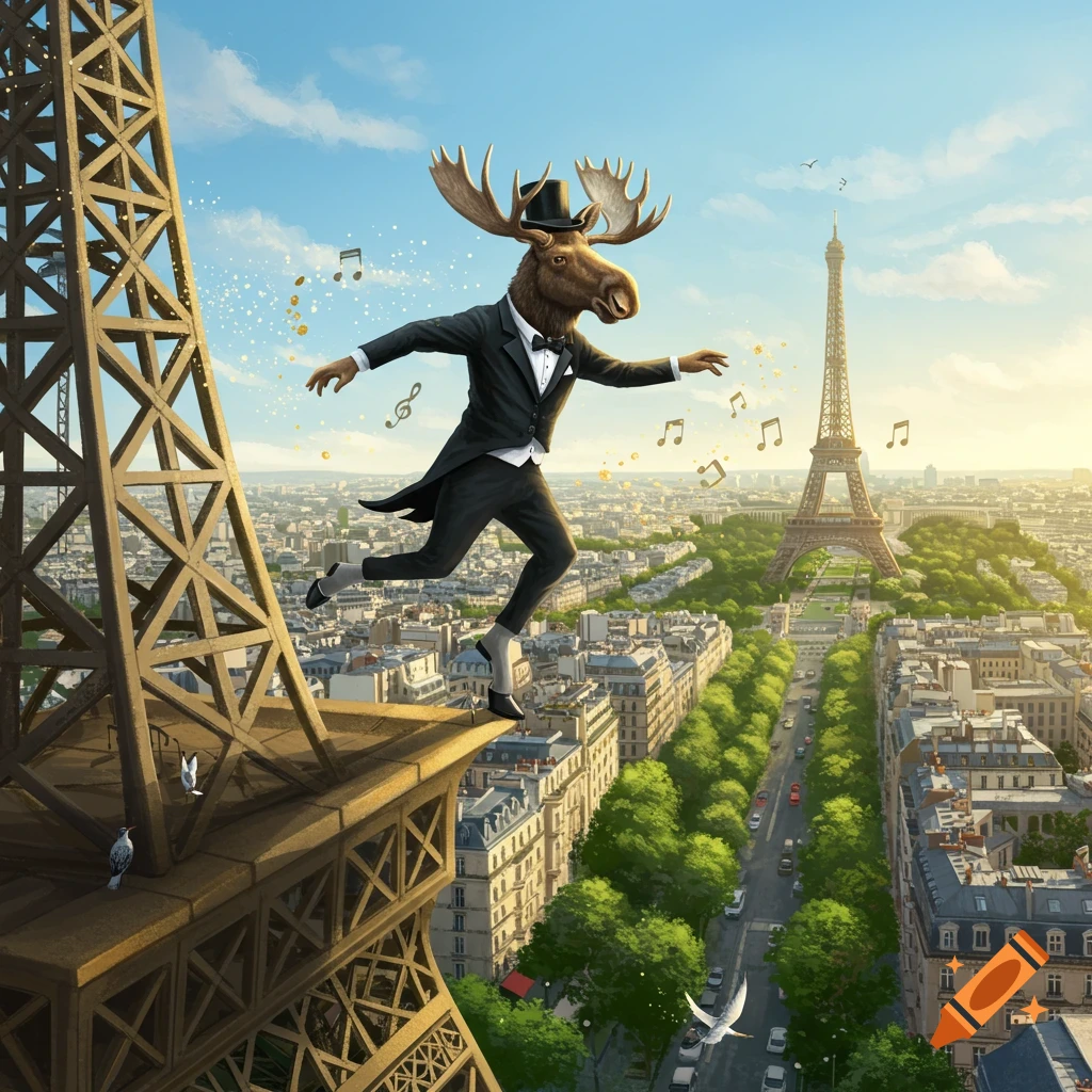 A dapper moose in a tuxedo and top hat tap dances on a ledge of the Eiffel Tower, with musical notes floating above a Parisian cityscape.