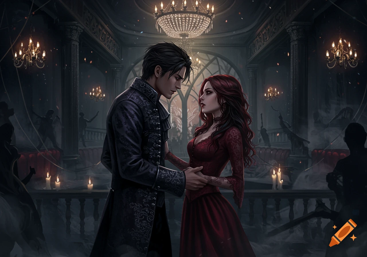 A dark fantasy illustration of a gothic couple holding hands, gazing at each other in a dimly lit ballroom with chandeliers.