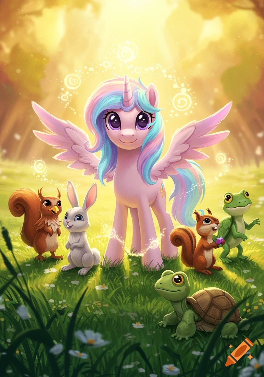 A cheerful unicorn pony with rainbow mane and wings stands with a rabbit, squirrels, frogs, and a turtle in a magical, sunlit forest.