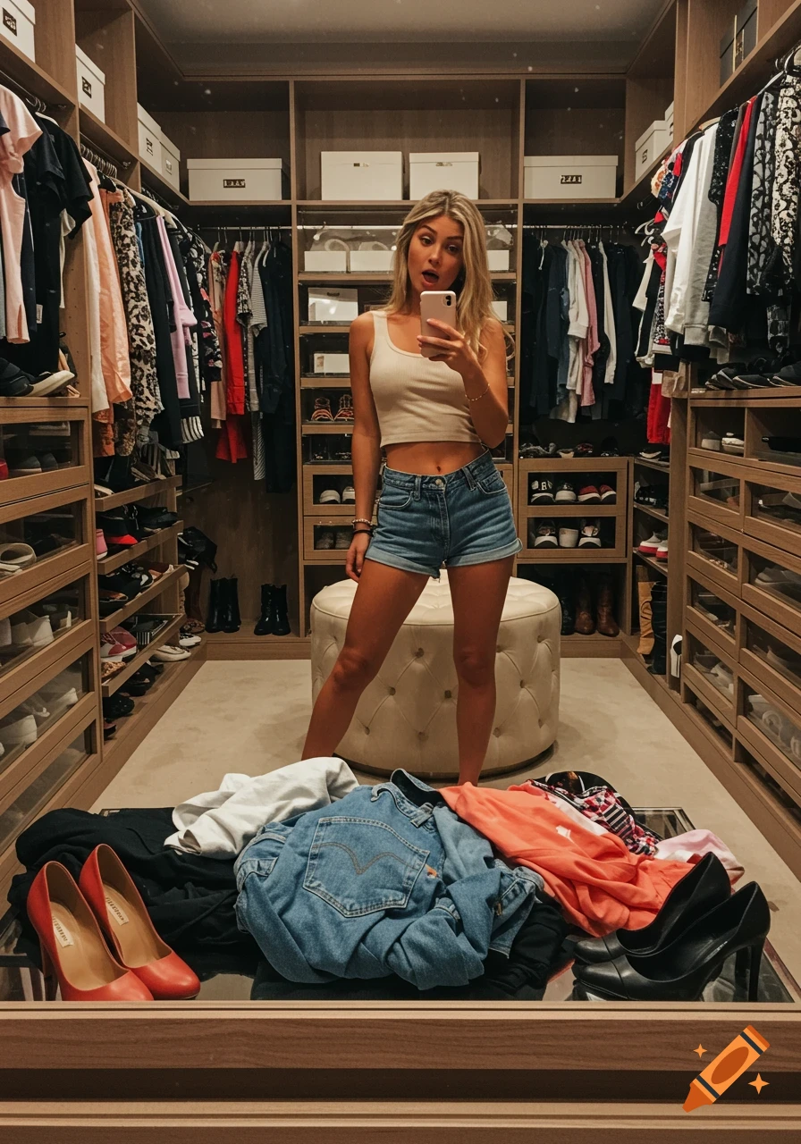 A blonde woman in a crop top and shorts takes a mirror selfie in a luxurious walk-in closet with clothes and shoes.