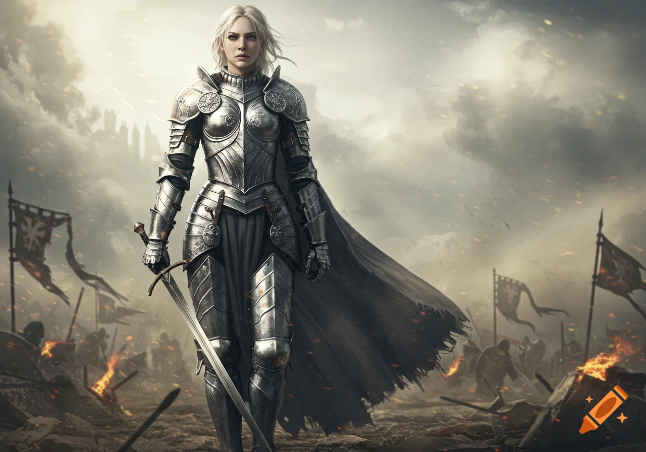 A realistic female warrior in silver armor with a sword stands on a smoky battlefield amidst fires and flags under a cloudy sky.