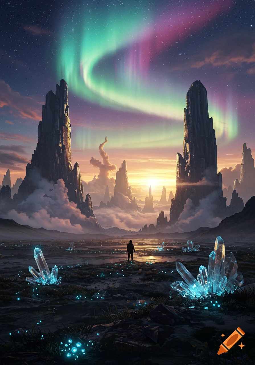 A lone figure stands in a vast, alien landscape with towering rock formations, glowing crystals, and a vibrant aurora borealis under a sunset sky.
