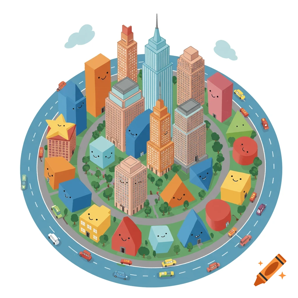 Simple isometric illustration of a circular city with buildings shaped like geometric forms, all with smiling faces, surrounded by a road with cars.