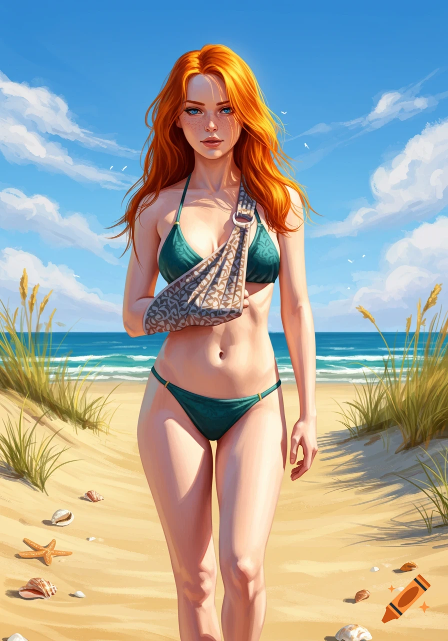 Digital art of a redhead woman in a green bikini with her arm in a sling, walking on a sunny beach.