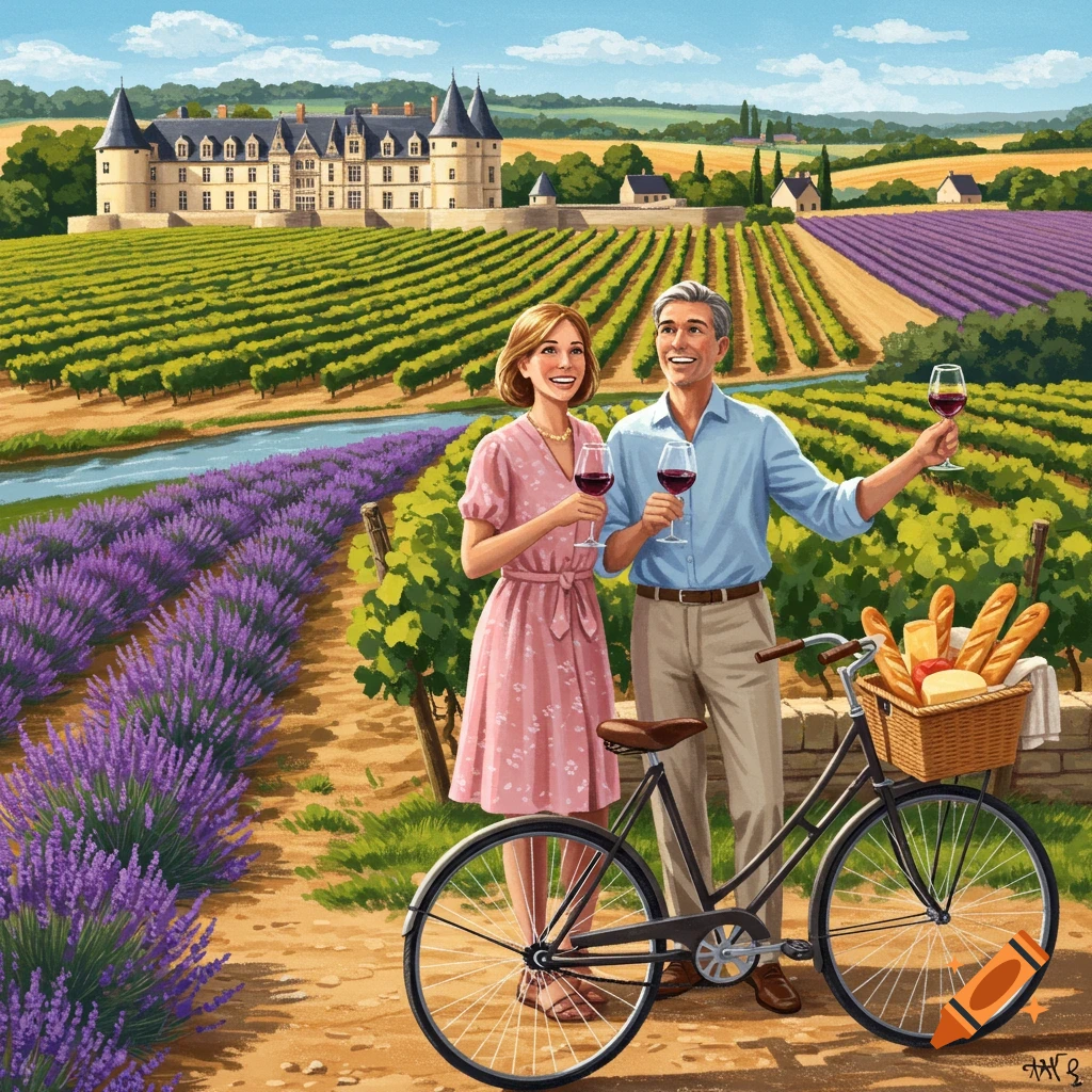 Illustrated couple with wine glasses by a bicycle in a vibrant vineyard with lavender fields and a chateau.