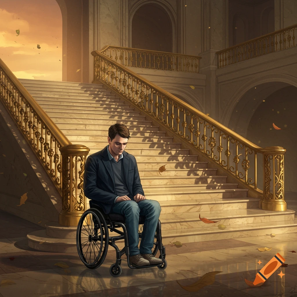 A sad man in a wheelchair sits at the bottom of a grand, ornate marble staircase with golden railings and scattered leaves, digital art.