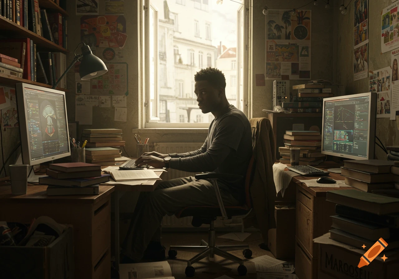 Young Black man works on computers in a messy, book-filled study room, cinematic realistic style.