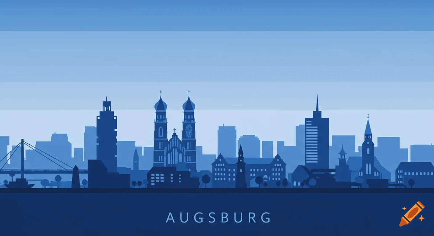 A stylized blue silhouette of the Augsburg city skyline with prominent churches, skyscrapers, and a bridge, with 'AUGSBURG' written below.