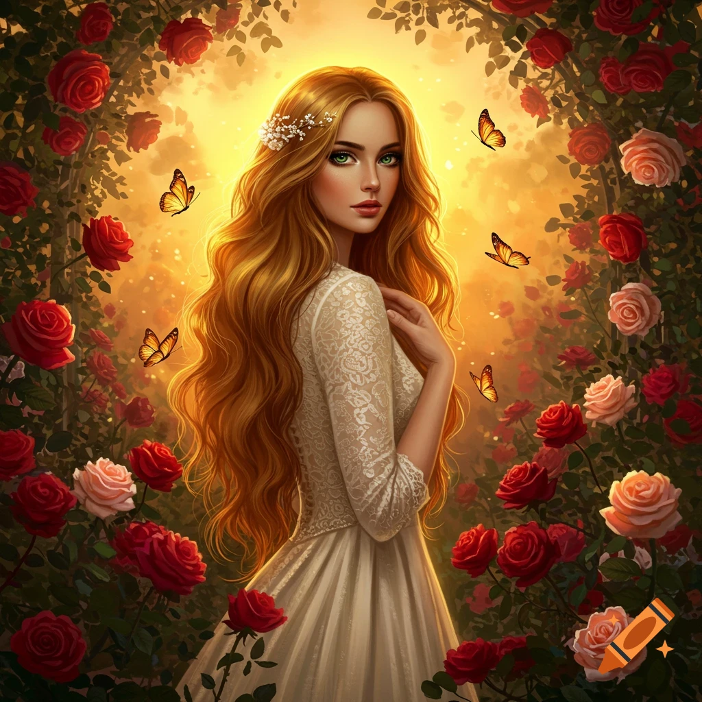 A fantasy portrait of a woman with flowing auburn hair and green eyes ...