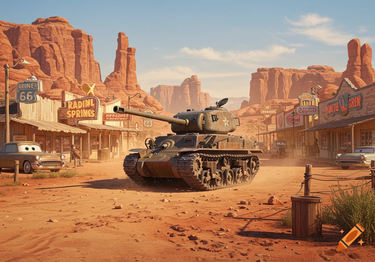 An animated tank sits on a dusty road in a desert town with red rock formations and classic cars with eyes, like Radiator Springs.