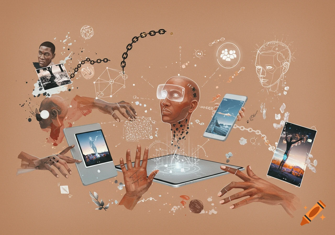 Digital collage of human figures, hands, screens, and abstract elements symbolizing the fusion of analog and digital worlds. Features watercolor splashes, geometric shapes, and glowing icons on a warm, earthy background.