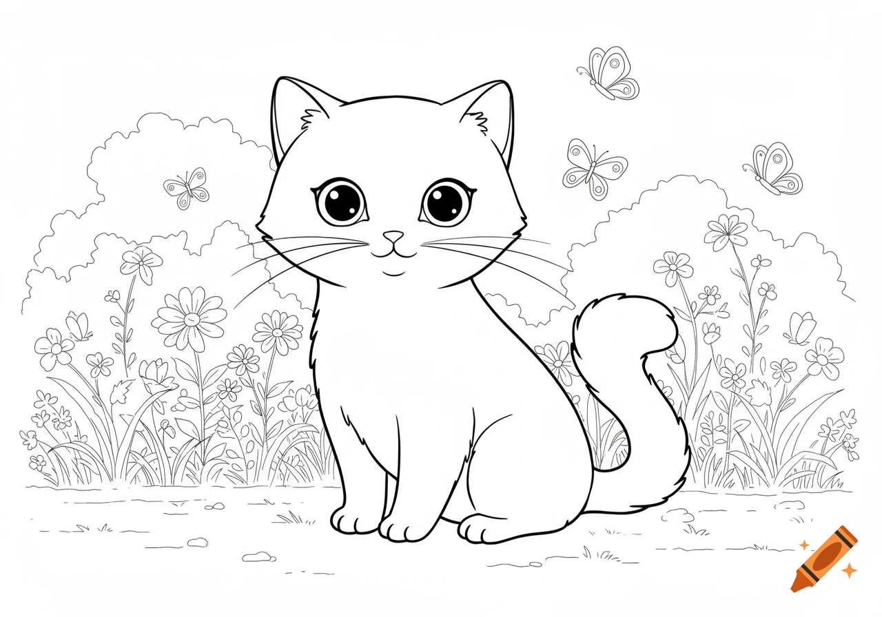 Line art of a cute cat sitting in a field of flowers with butterflies, suitable for a coloring book.