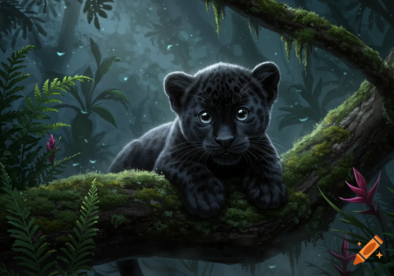A cute black panther cub with big eyes lies on a mossy tree branch in a dark, lush jungle, digital painting.