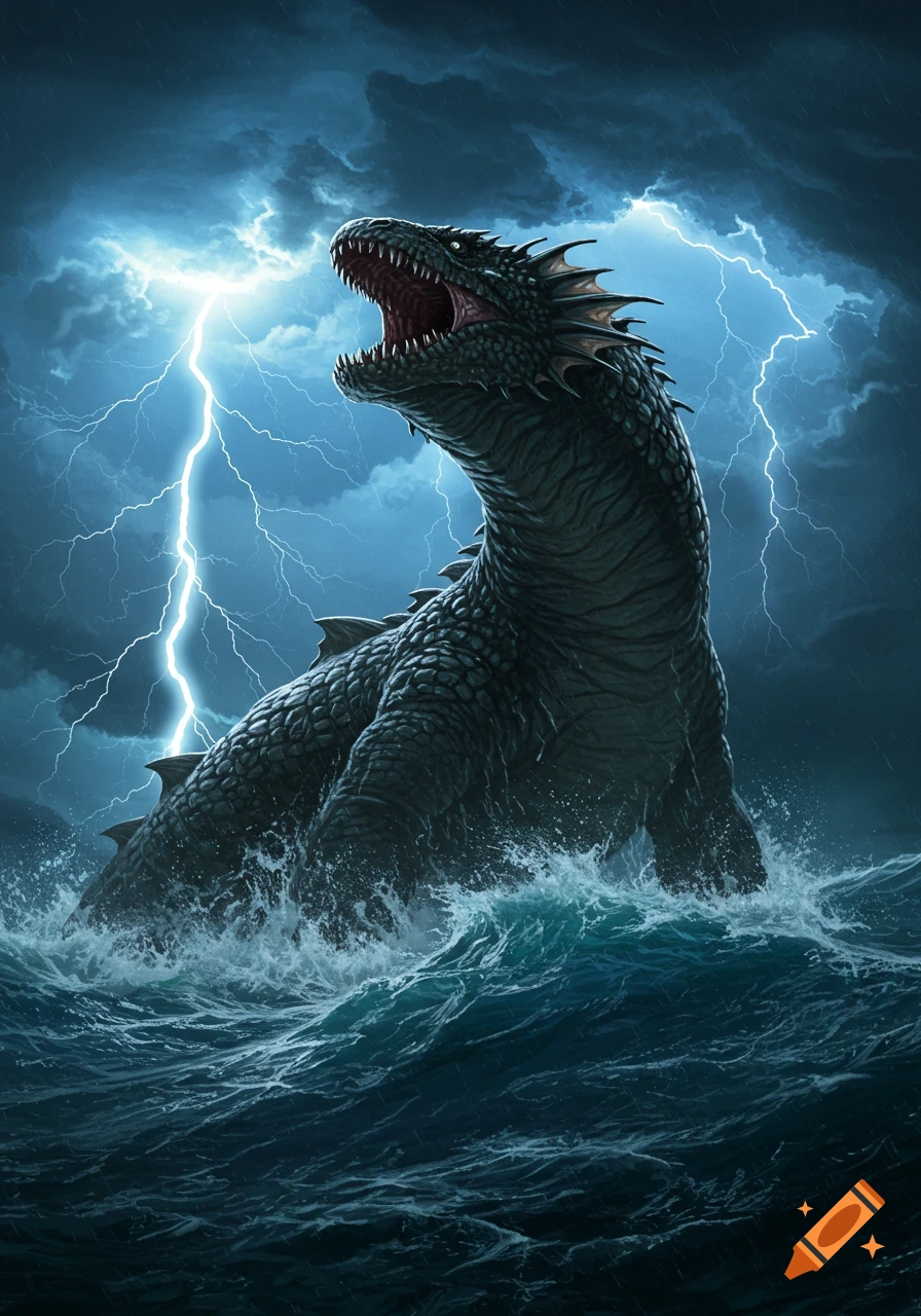 A colossal, dark-scaled sea monster roars from a stormy ocean, illuminated by brilliant lightning in a dark sky.