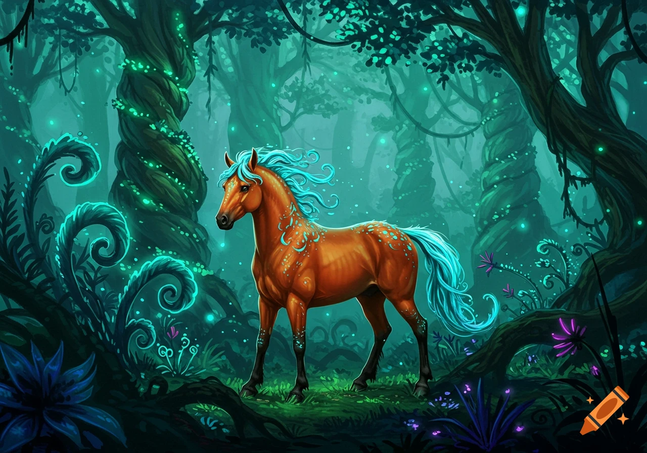A brown horse with glowing blue mane and tail stands in a vibrant, bioluminescent fantasy jungle with twisted trees and glowing plants.