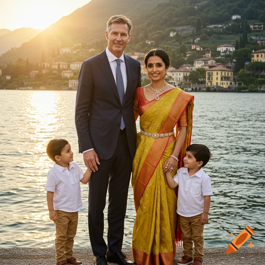 A diverse family of four stands by a scenic lake with mountains and a town in the background at sunset.