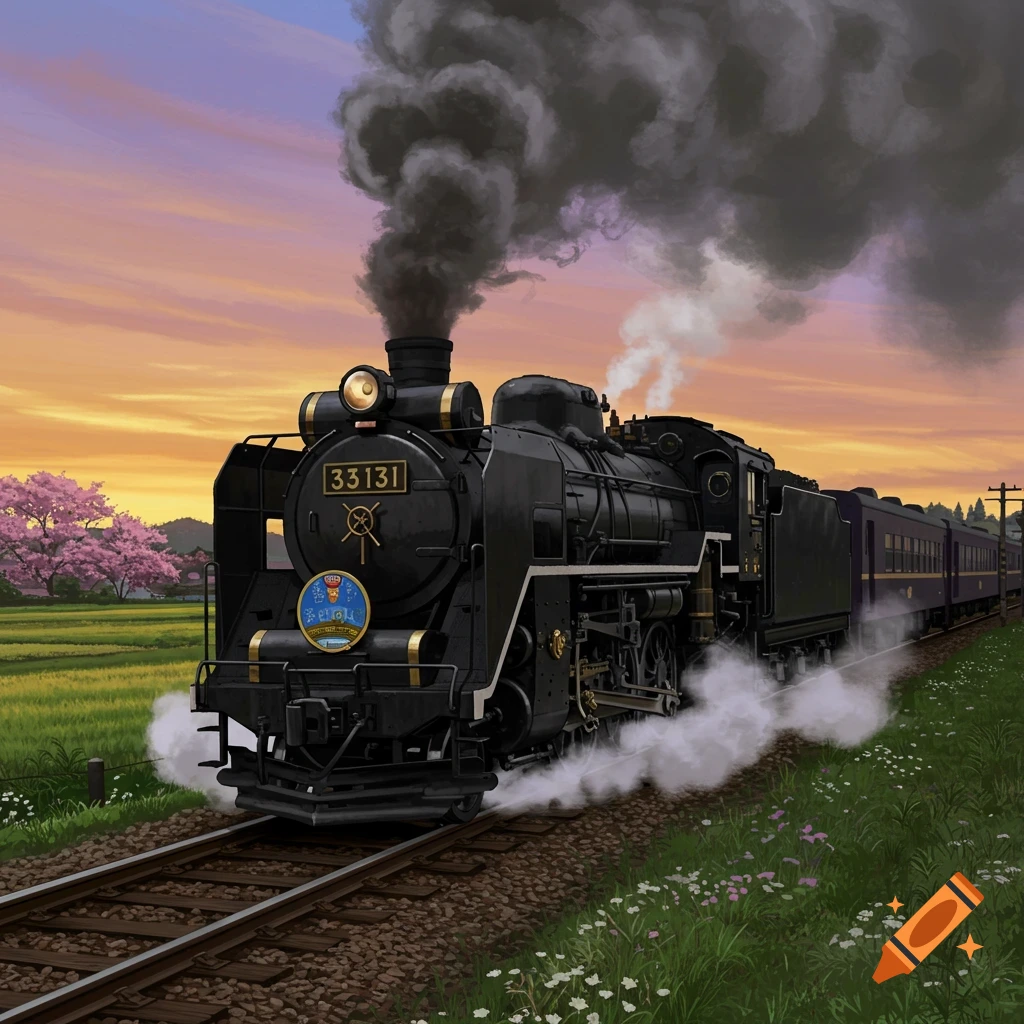 A black Japanese steam locomotive, numbered 33131, travels through a green field with cherry blossoms at sunset, illustrated.