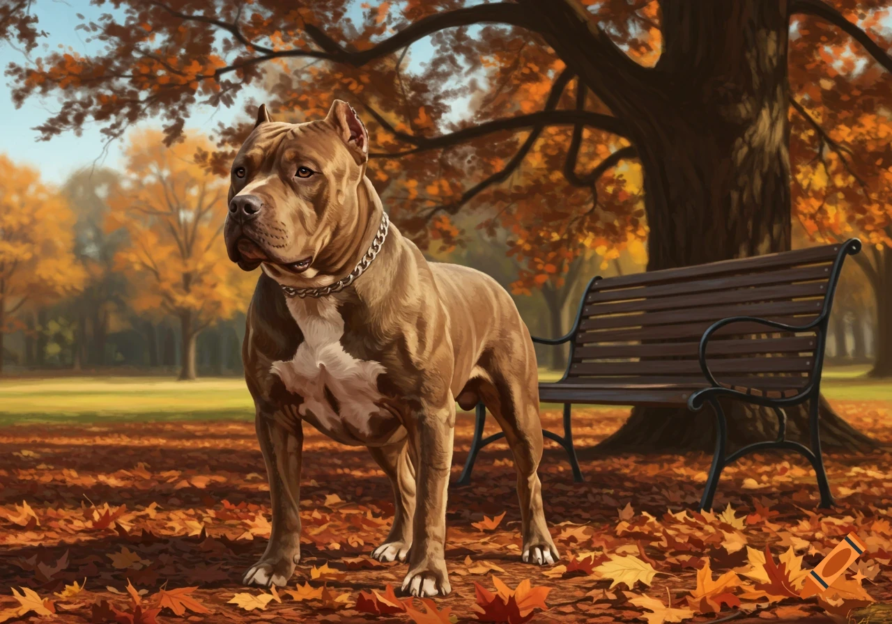A muscular brown XL bully dog with a chain collar stands in an autumn park among orange leaves, next to a park bench.