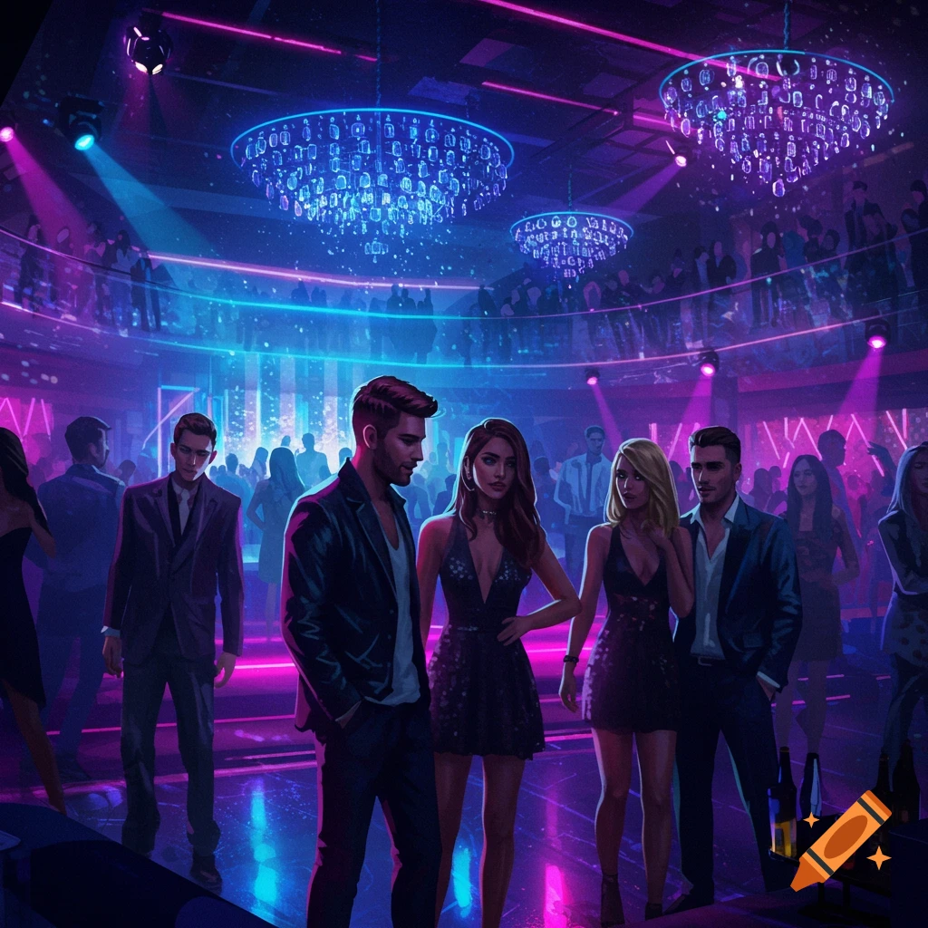 Four well-dressed people stand in a vibrant, neon-lit nightclub with chandeliers and a blurred crowd in the background.