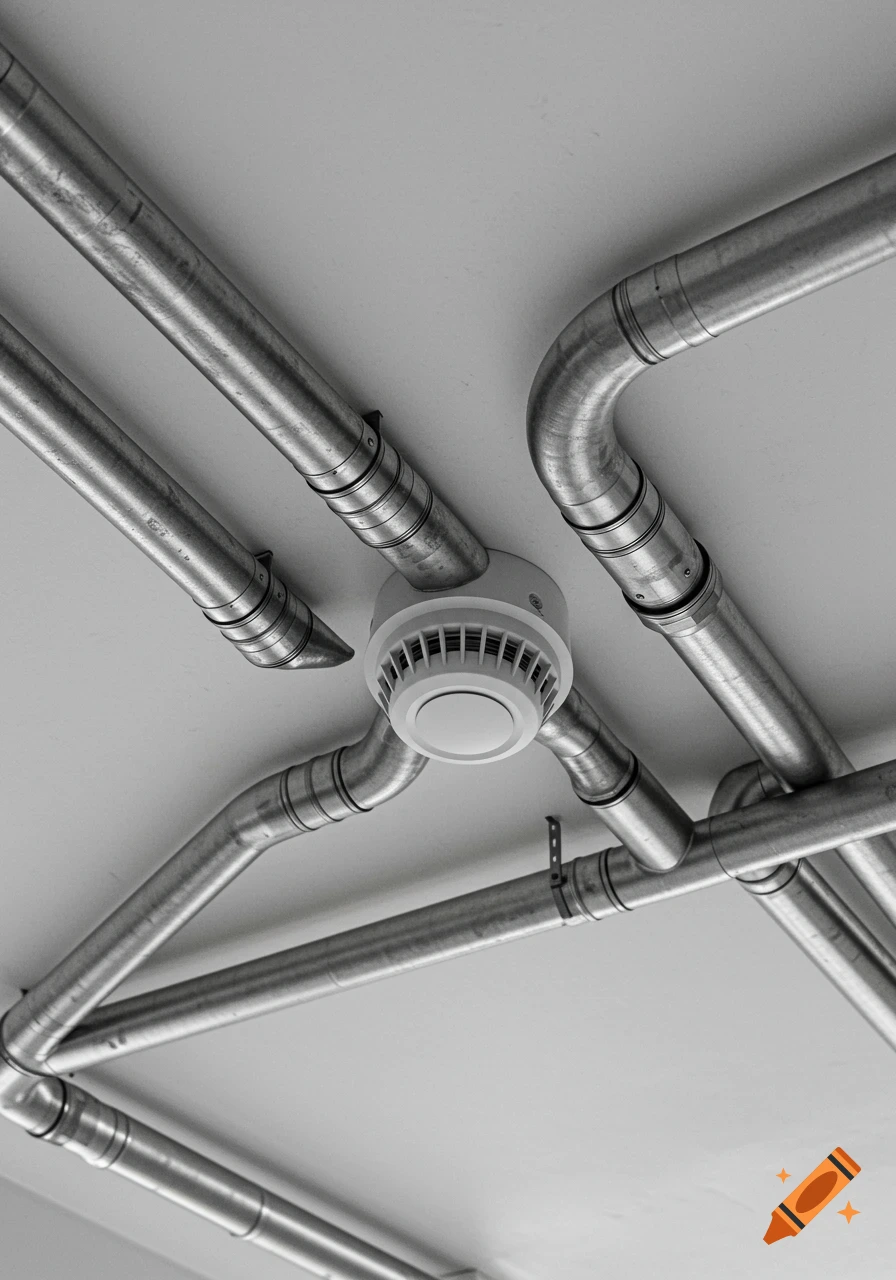 Angled view of a white smoke detector amidst shiny metal pipes on a white ceiling, industrial aesthetic.