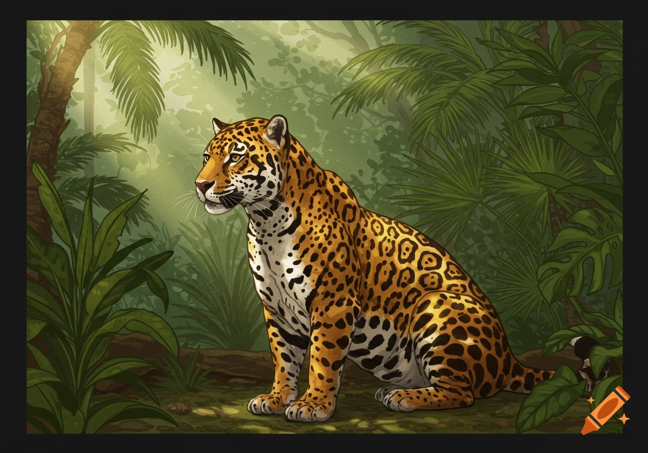 An elegant, illustrative jaguar sits in a lush green jungle with dappled sunlight filtering through the leaves.