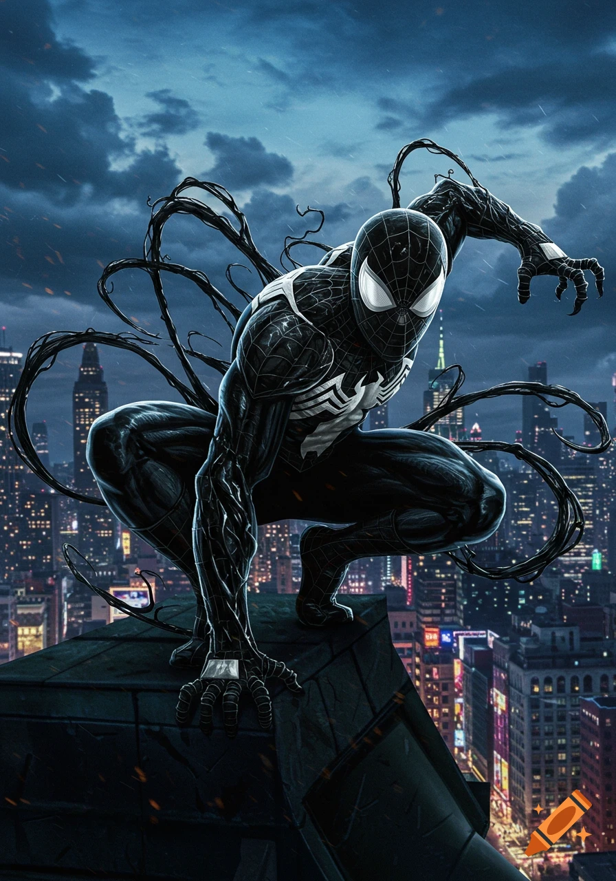 Symbiote Spider-Man in a black suit with a white spider emblem crouches on a dark rooftop overlooking a city at night under a cloudy sky.