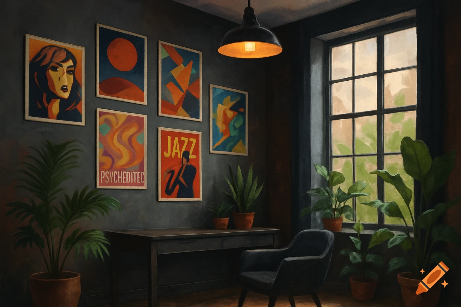 A stylized oil painting of a dimly lit room with dark walls, a window letting in light, several potted plants, a desk, a chair, and a gallery wall with various posters, including one with "JAZZ" text and another with "PSYCHEDITEC" text.
