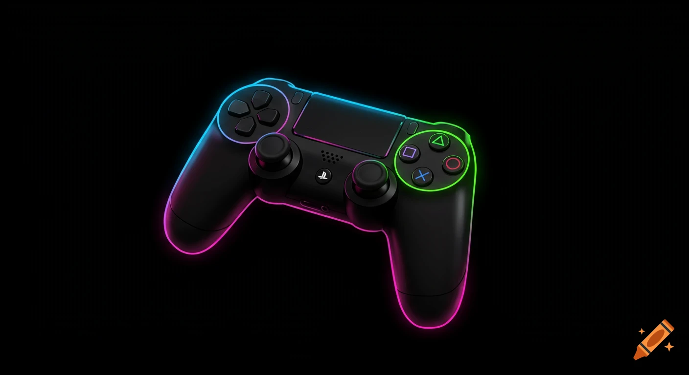 A black game controller with neon blue, pink, and green glowing edges against a dark background.