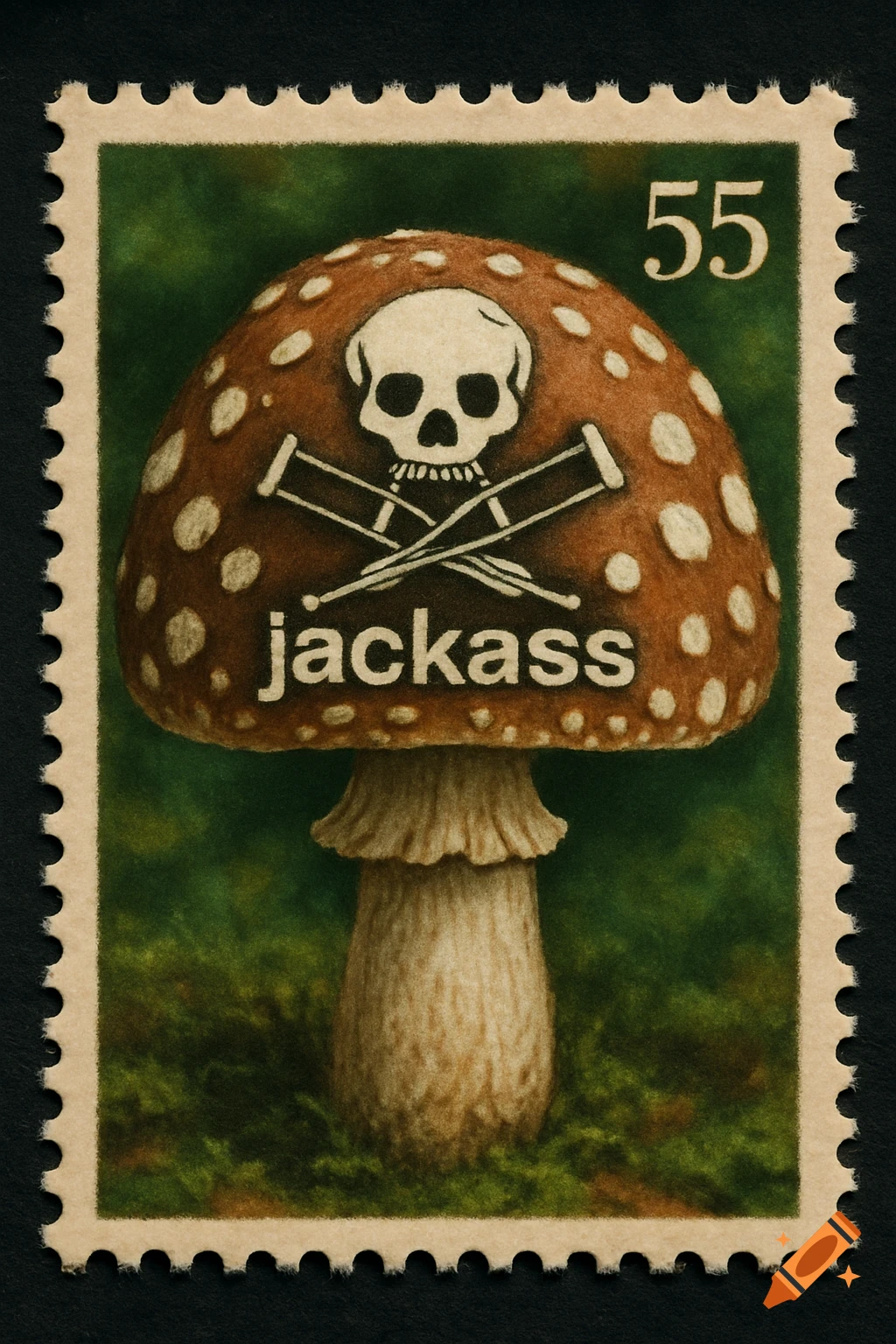 A postage stamp with a brown mushroom featuring a skull and crutches logo, the word 'jackass', and '55' against a green background.