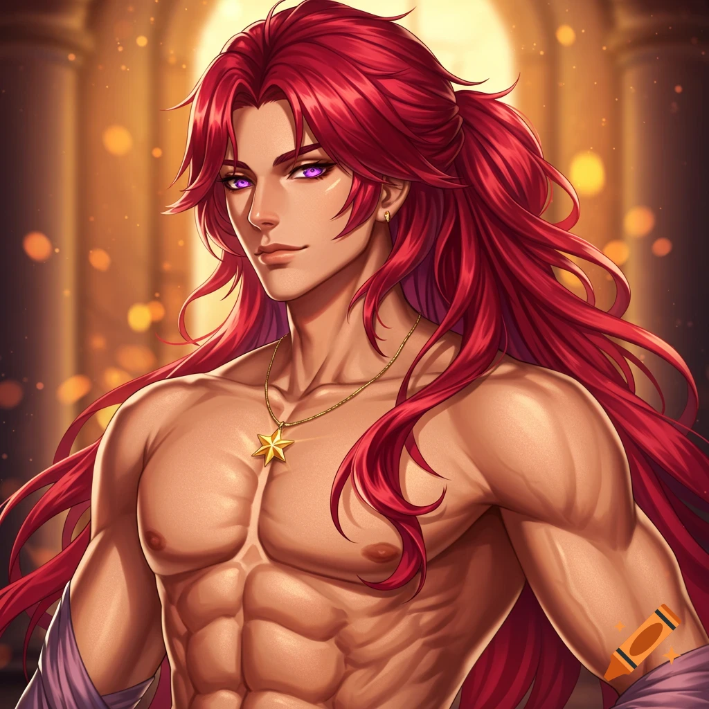 Anime man with long red hair, purple eyes, and a muscular bare chest, wearing a star pendant necklace against a golden glowing background.