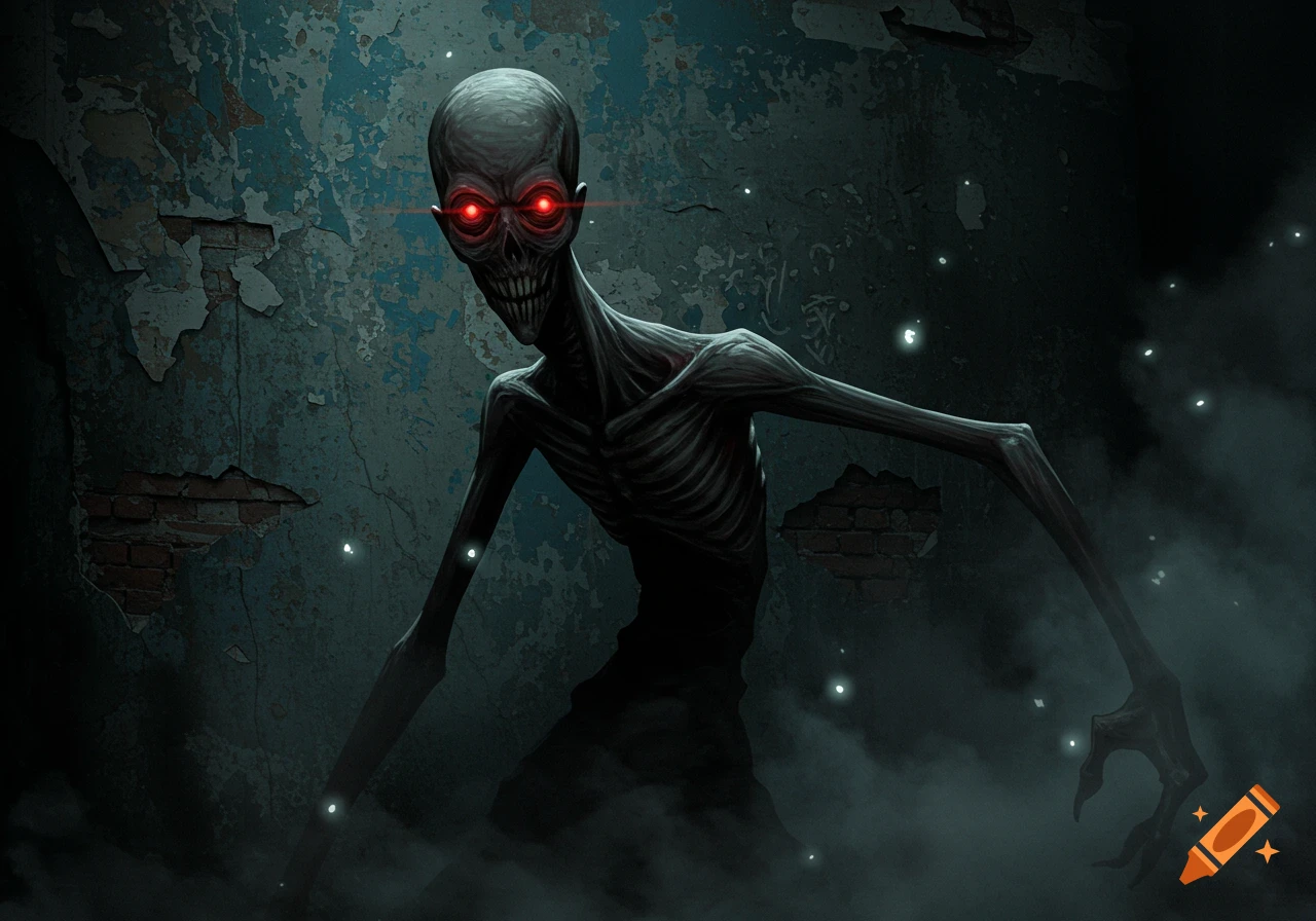 A gaunt, deformed monster with glowing red eyes and a menacing grin stands in a dark, decaying room.