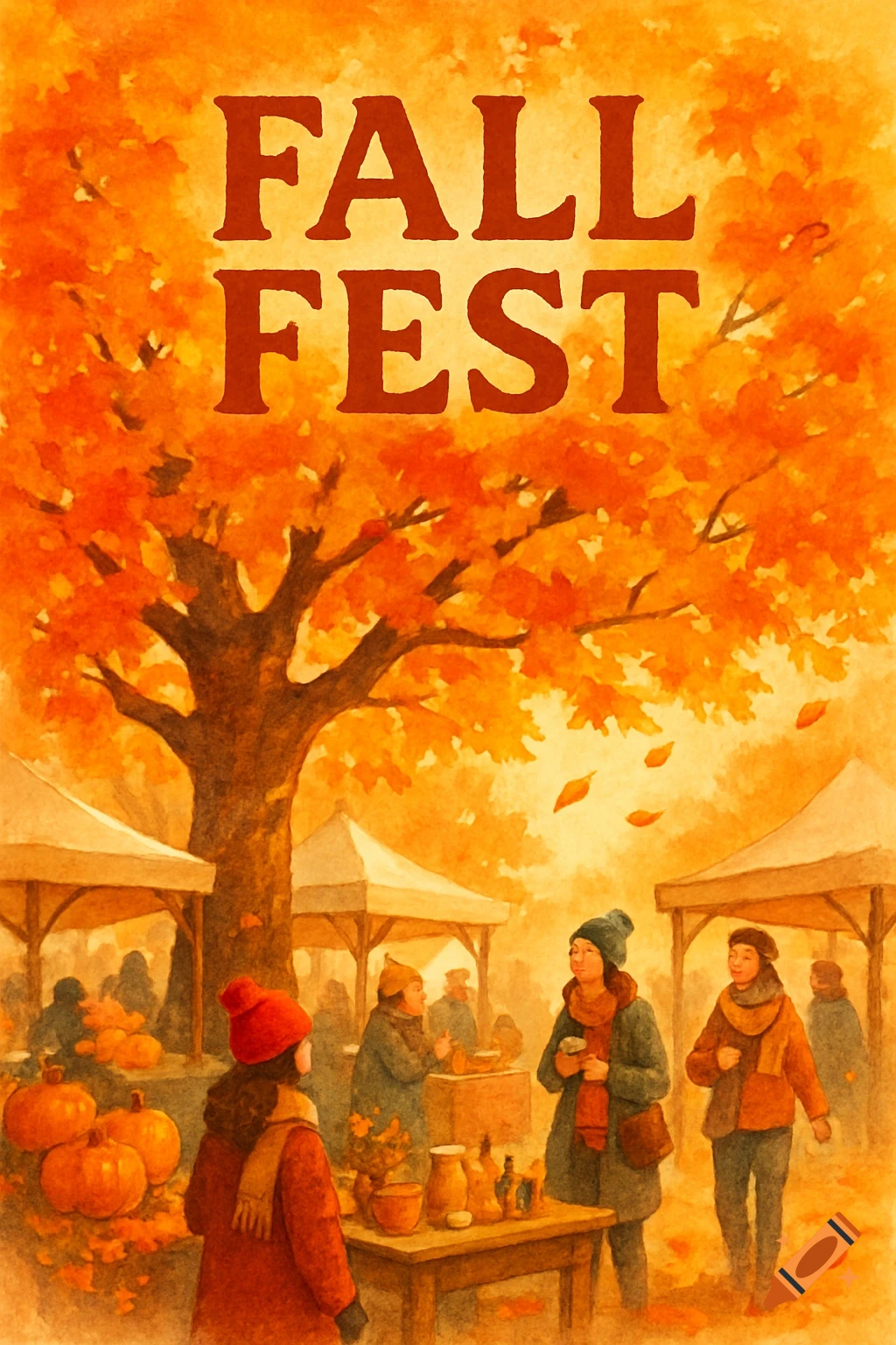 Watercolor painting of a vibrant fall festival with "FALL FEST" text, people at market stalls, pumpkins, and autumn trees.