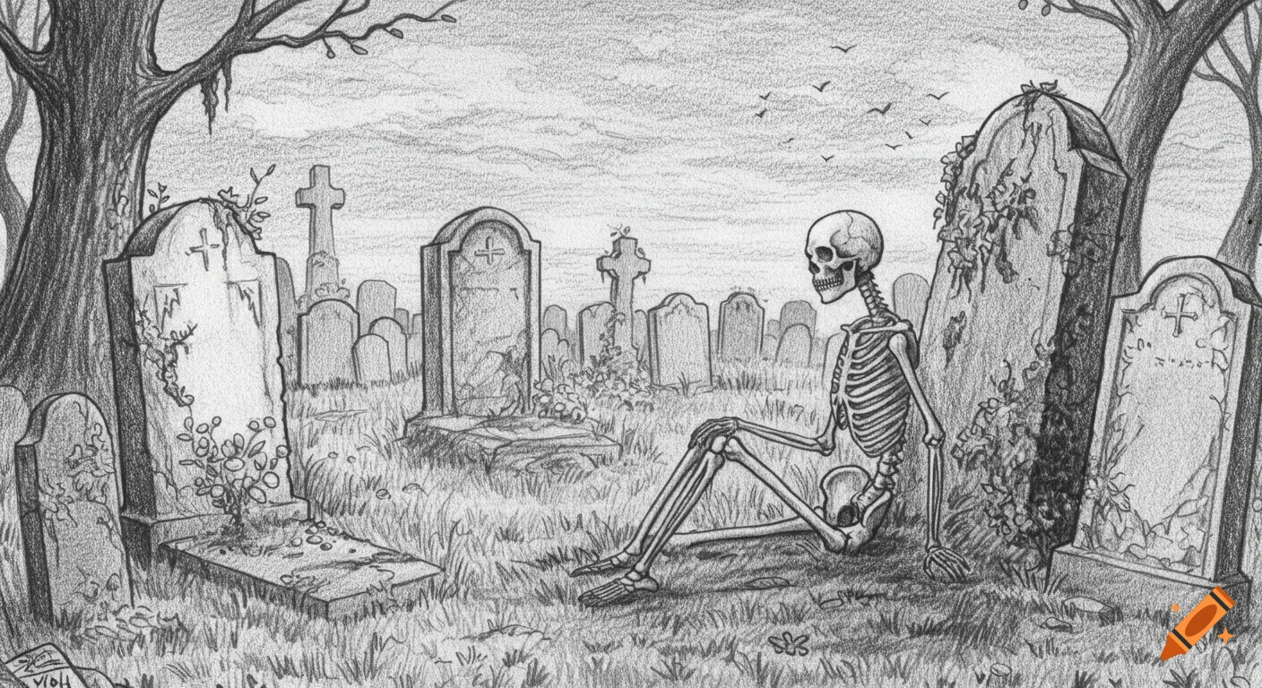 Pencil sketch of a skeleton sitting quietly next to a gravestone in an old, overgrown cemetery at dusk.