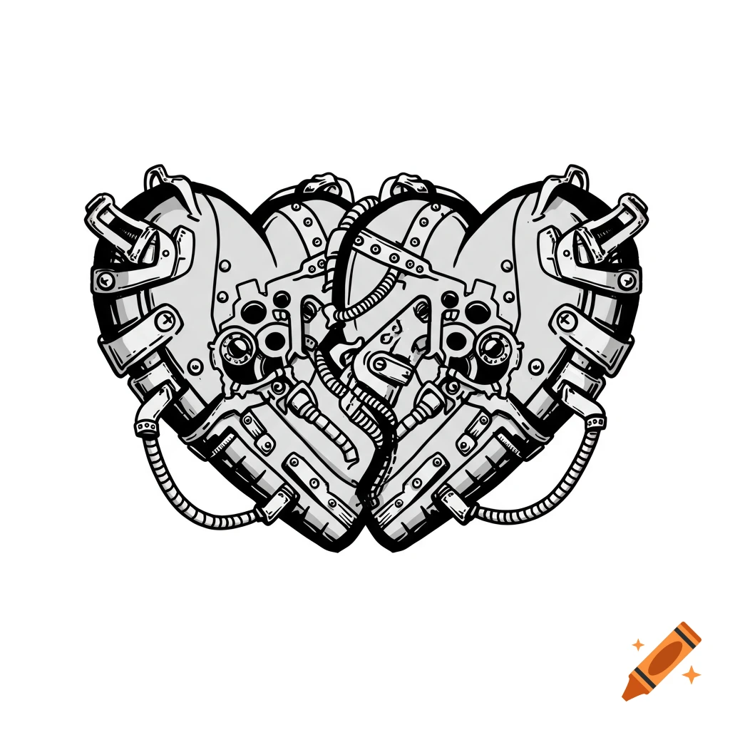 A black and white illustration of two mechanical steampunk hearts merged together, featuring gears, bolts, and wires.