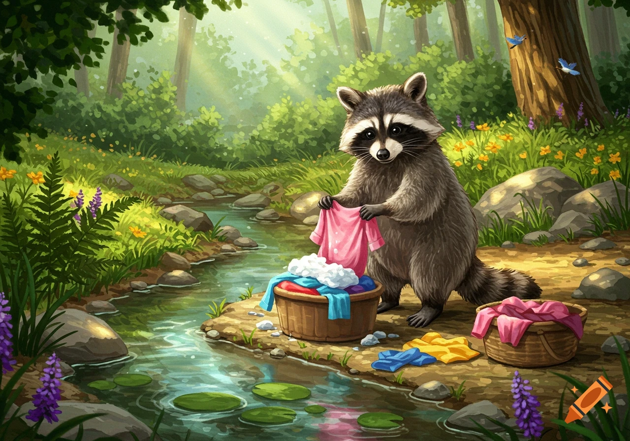 A cartoon raccoon washes colorful laundry in a wooden tub by a sunlit forest stream, with clothes laid out on the bank.