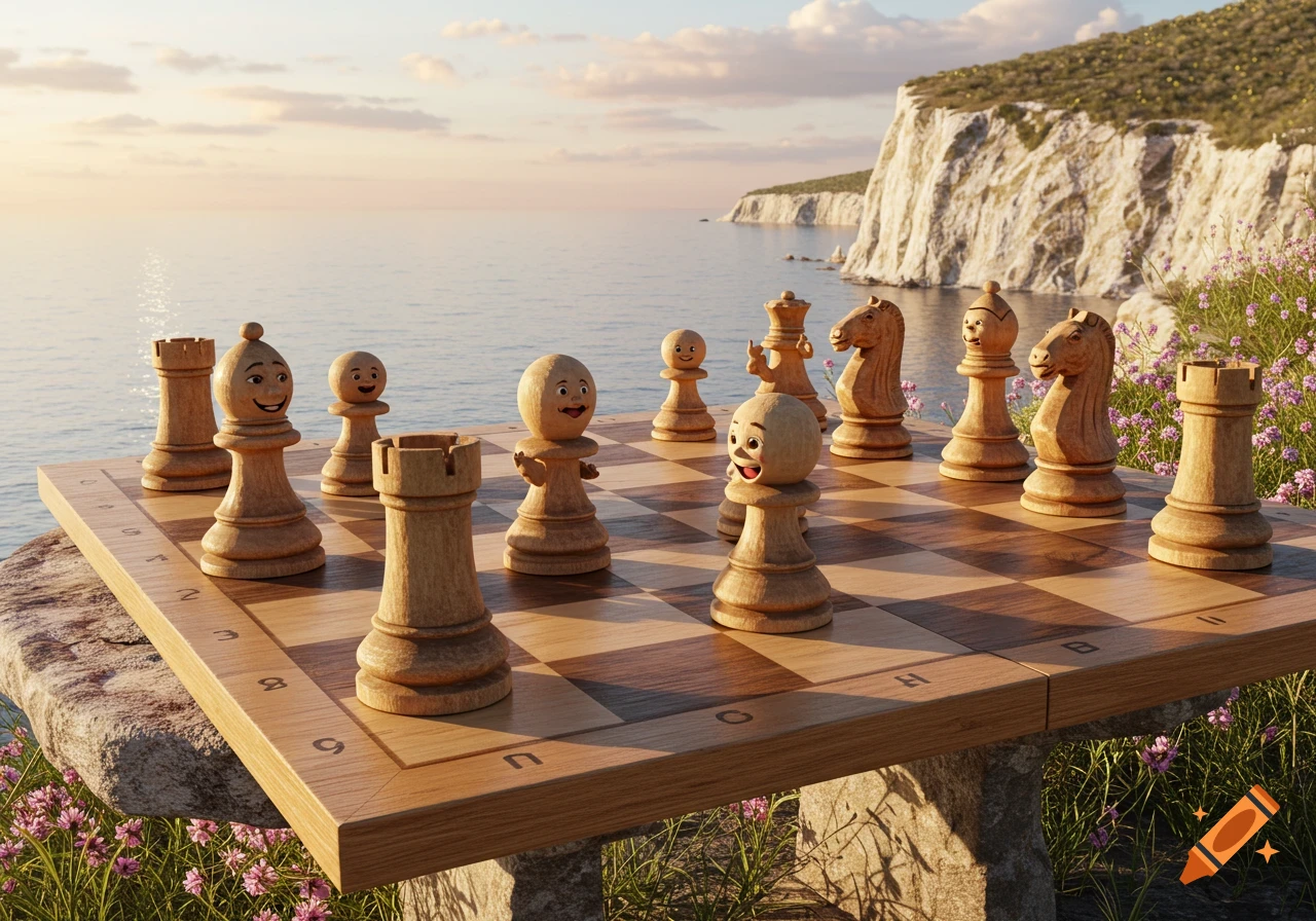 Smiling wooden chess pieces on a chessboard by the ocean with cliffs and a sunset sky.
