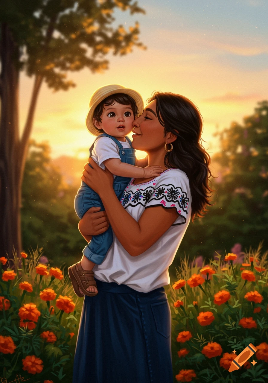 A young Latina mother holds her baby in a field of orange flowers at sunset, in an illustrative style.