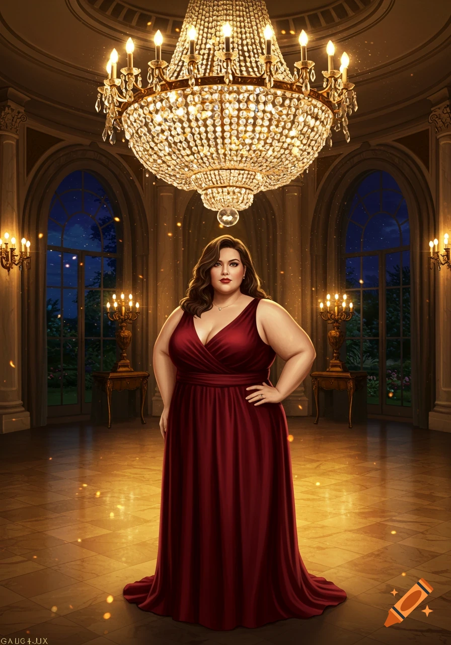 A plus-sized woman in a red gown stands elegantly in a lavish ballroom with a large chandelier overhead.