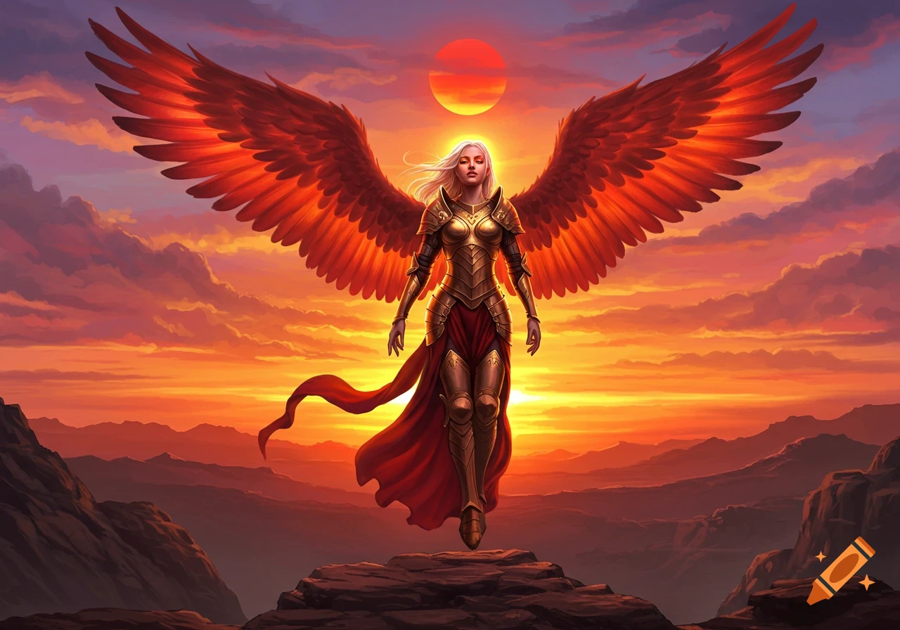 A powerful female angel with fiery red wings and golden armor stands on a rocky peak against a dramatic sunset.
