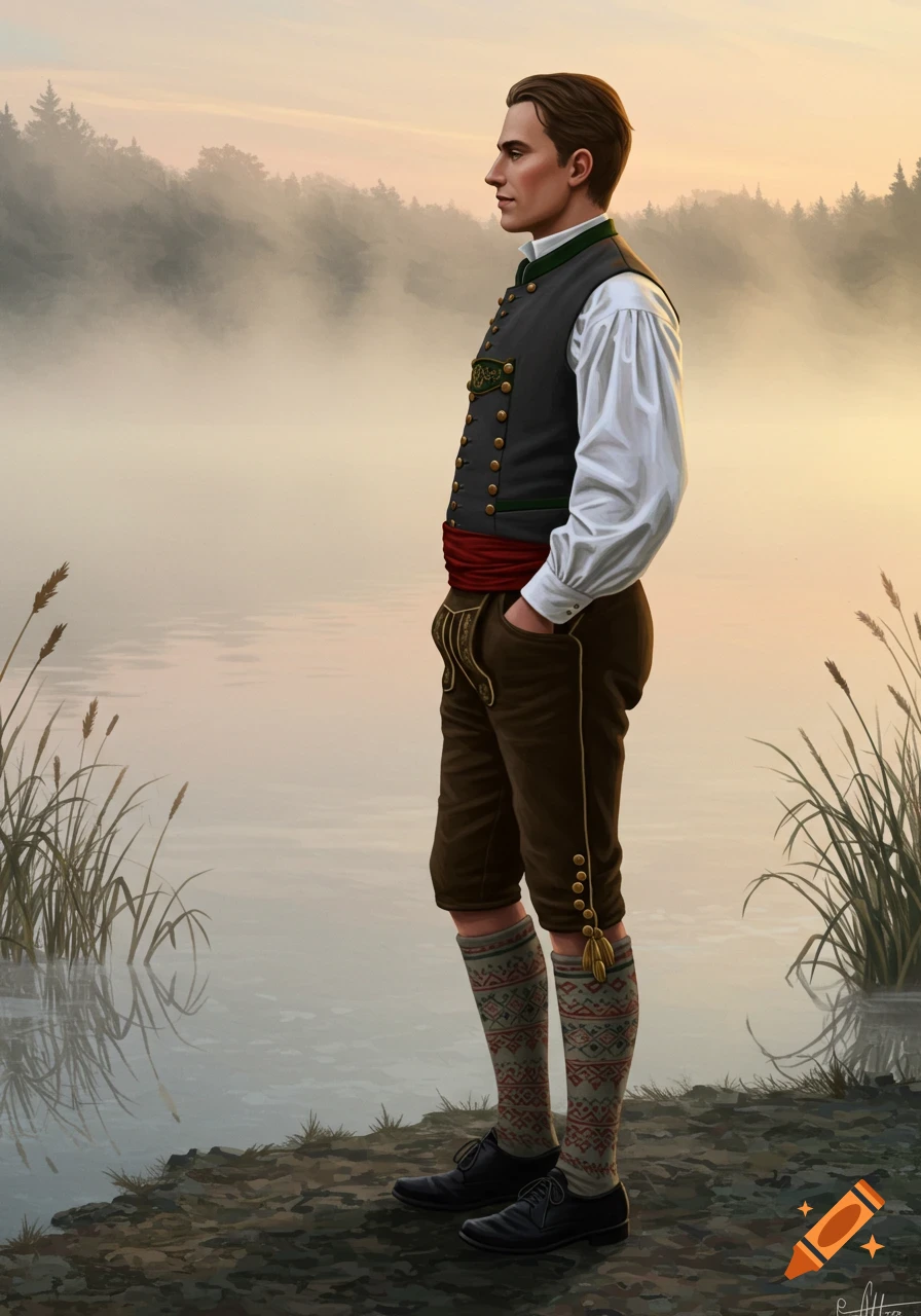 A man in traditional German Tracht stands beside a misty lake at sunrise, looking to the right.