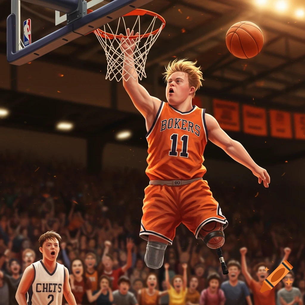 A blond male basketball player with Down syndrome and a prosthetic leg dunks a ball in a crowded arena, wearing an orange jersey.