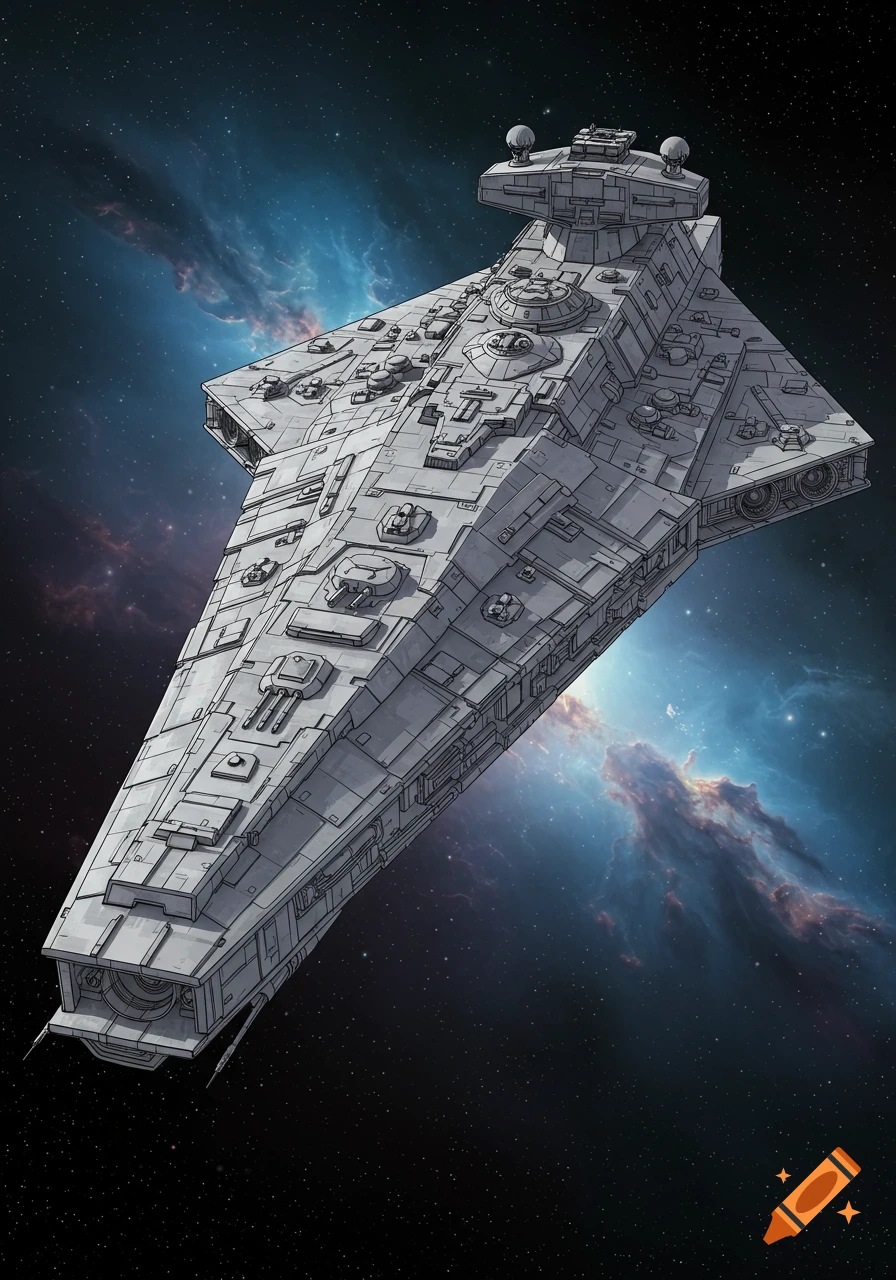 A detailed, grey orthographic spaceship in a Star Wars style, against a background of stars and a colorful nebula.