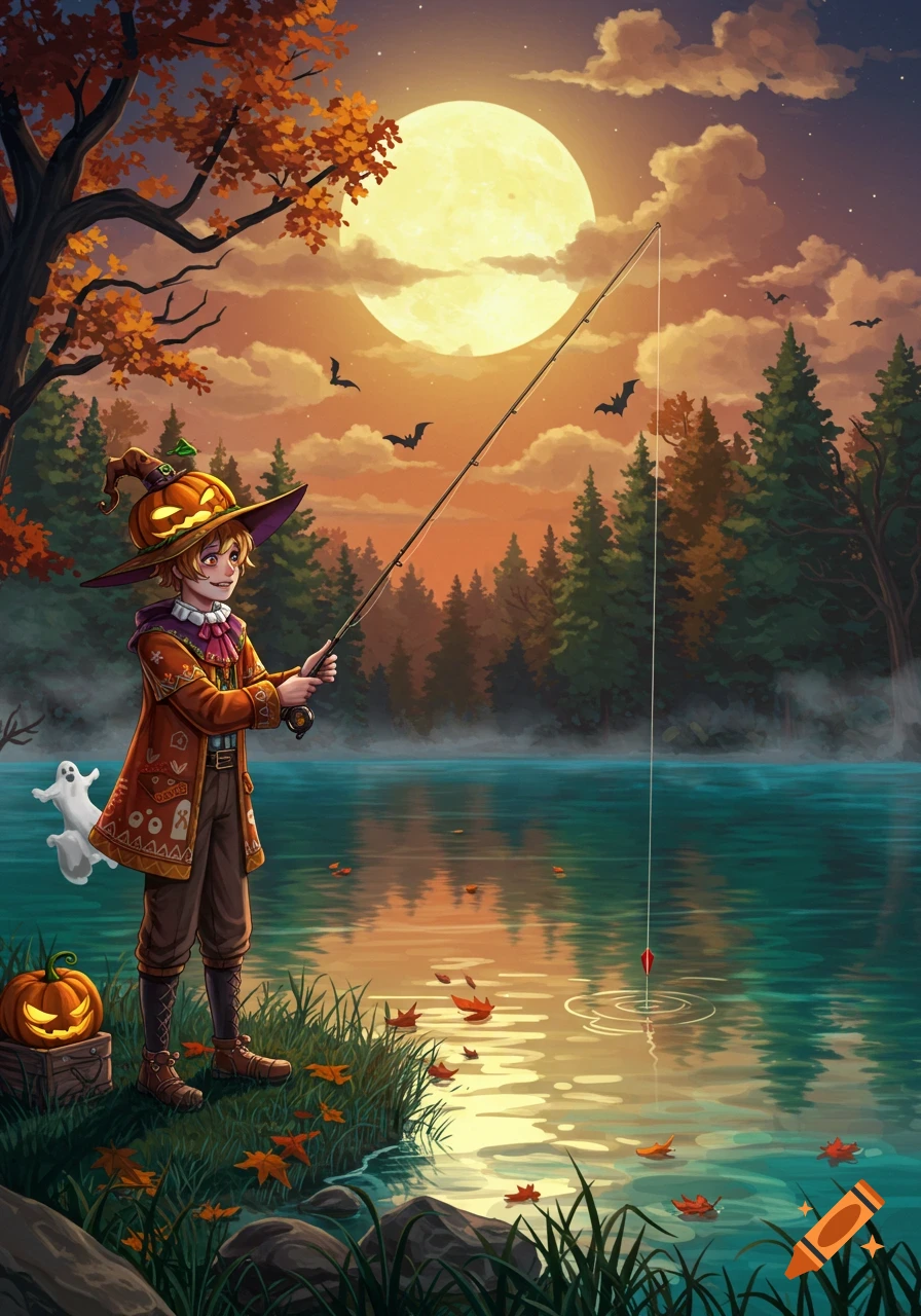 Stylized illustration of a boy in a pumpkin hat fishing in a moonlit lake with autumn trees, bats, and a ghost for Halloween.