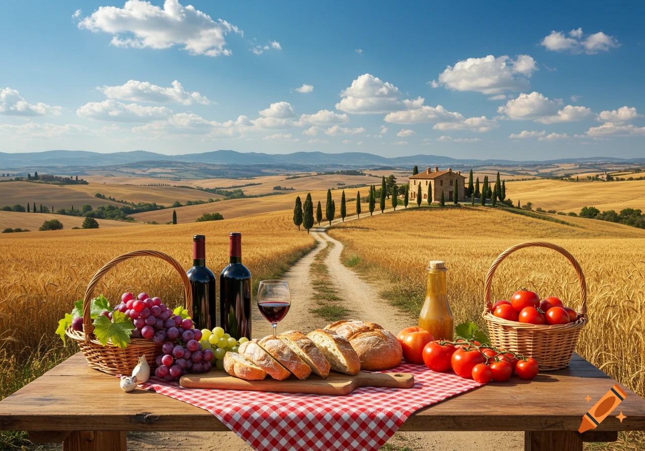 A photorealistic image of a picnic table laden with wine, grapes, bread, and tomatoes, set against a golden Tuscan landscape with rolling wheat fields, cypress trees, a stone farmhouse, and a blue sky.