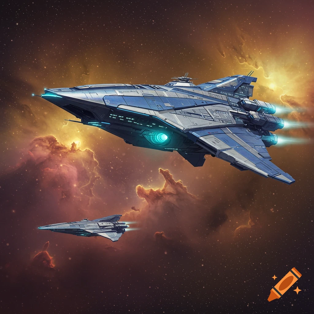 A large blue and grey star cruiser and a smaller ship fly through a starfield with a vibrant nebula.