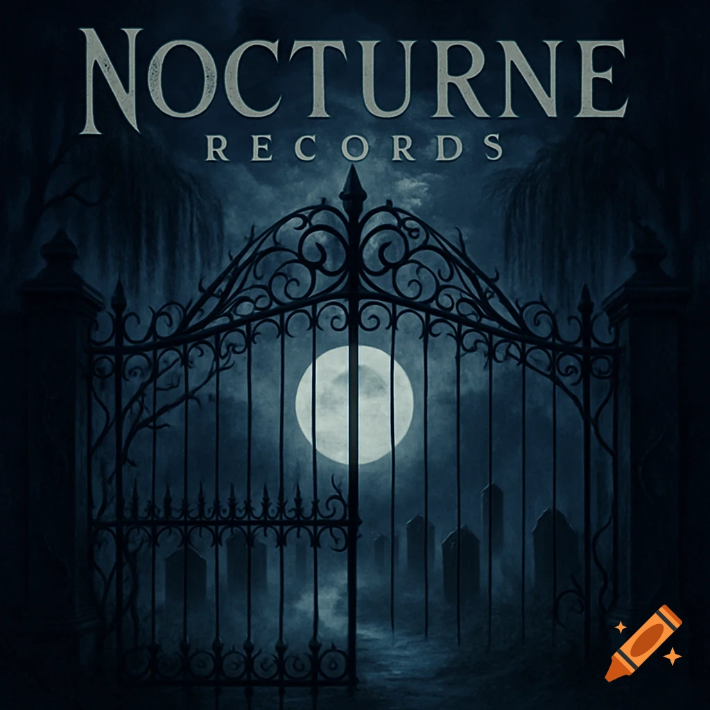 Dark, moonlit scene with a decorative wrought-iron cemetery gate and gravestones, topped by 'NOCTURNE RECORDS' text.