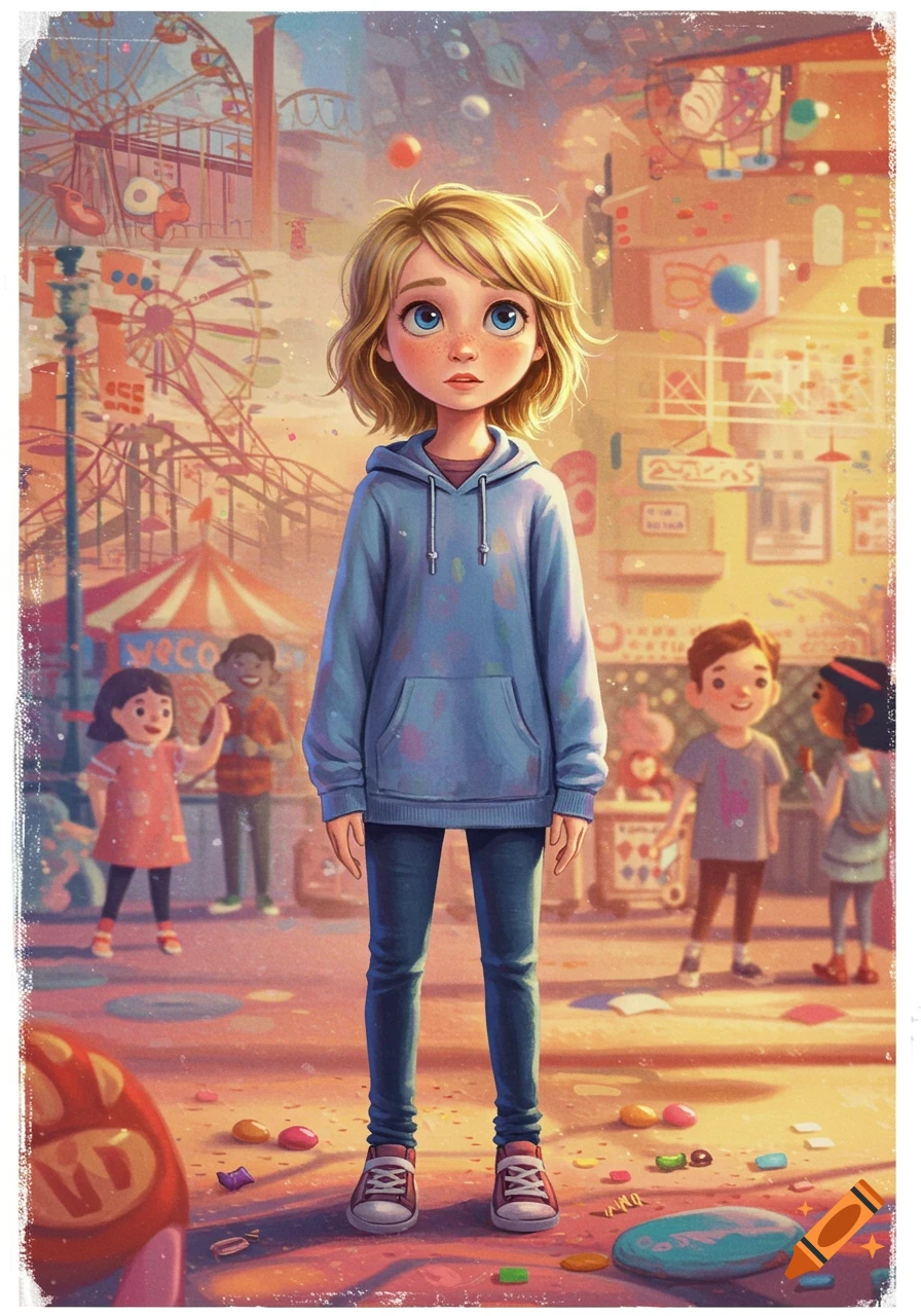 A cartoon illustration of a young girl with blonde hair and blue eyes, wearing a blue hoodie and jeans, standing in a colorful amusement park.
